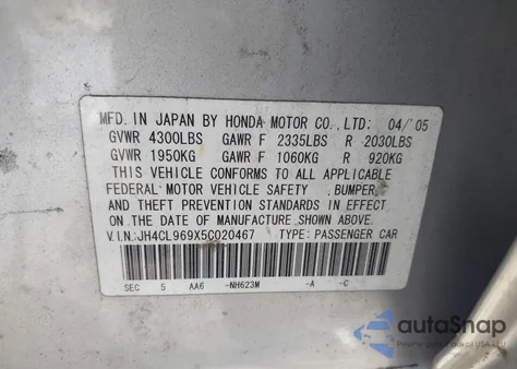 2005 Acura Tsx из США, поврежденный, VIN JH4CL969X5C020467